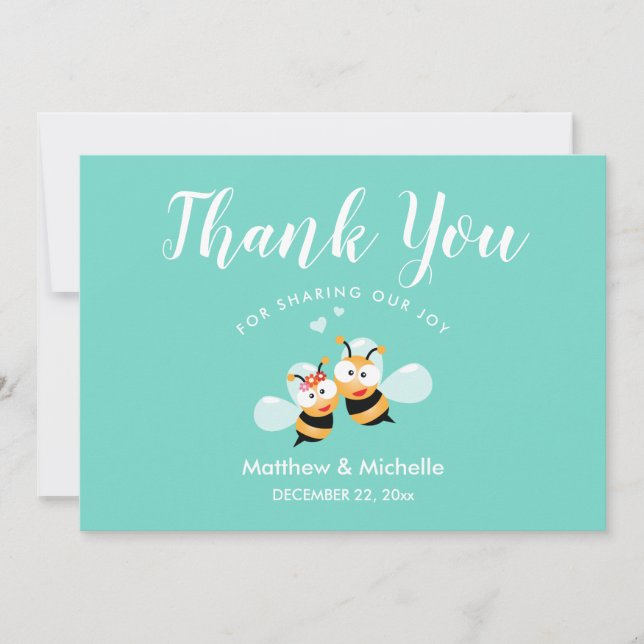 Cute Mint To Be Honey Bee Couple Whimsical Wedding Thank You Card (Front)
