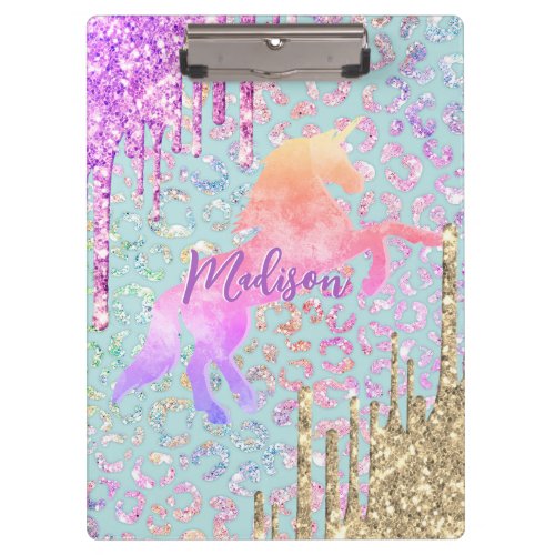 Cute Mint Unicorn Animal print glitter monogram Clipboard