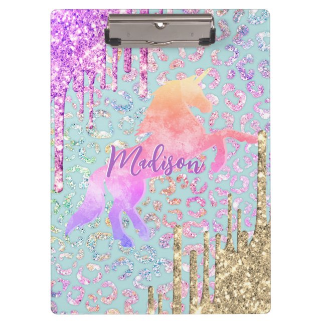 Cute Mint Unicorn Animal print glitter monogram Clipboard (Front)