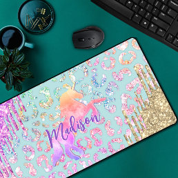 Cute Mint Unicorn Animal print glitter monogram Desk Mat