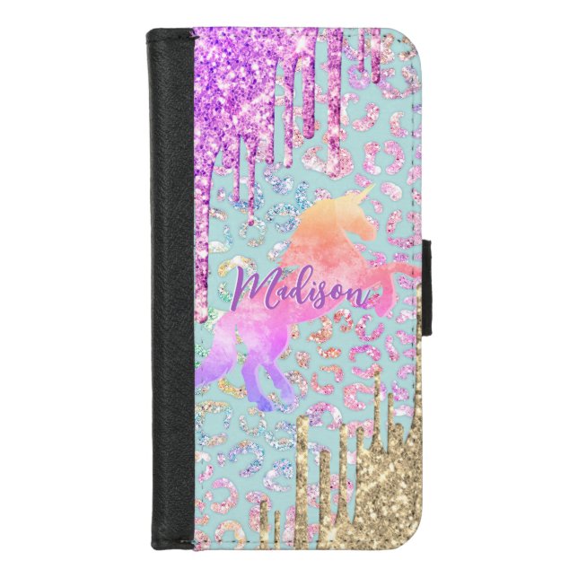 Cute Mint Unicorn Animal print glitter monogram iPhone Wallet Case (Front)
