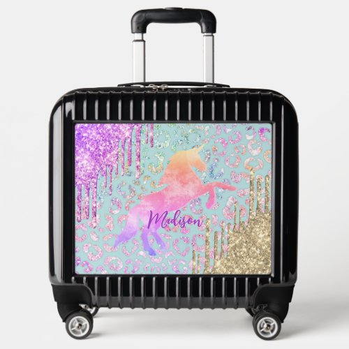 Cute Mint Unicorn Animal print glitter monogram Luggage