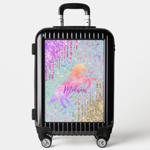 Cute Mint Unicorn Animal print glitter monogram Luggage