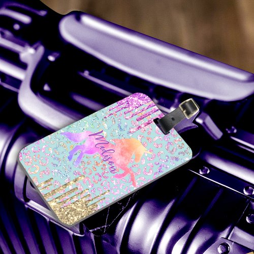 Cute Mint Unicorn Animal print glitter monogram Luggage Tag