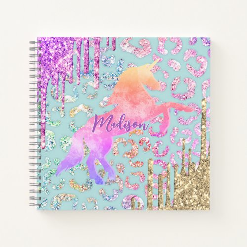Cute Mint Unicorn Animal print glitter monogram Notebook