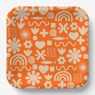 Cute Miscellany Orange Scandi Pattern Paper Plates
