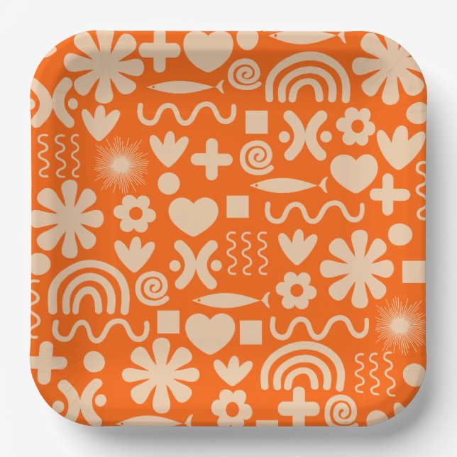 Cute Miscellany Orange Scandi Pattern Paper Plates (Front)