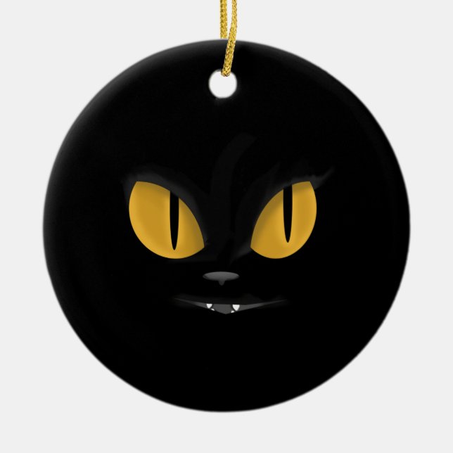 Cute Mischievous Black Cat with Fangs Ceramic Ornament (Front)