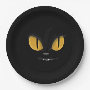 Cute Mischievous Black Cat with Fangs Paper Plates