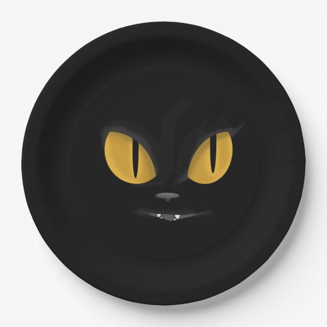 Cute Mischievous Black Cat with Fangs Paper Plates (Front)