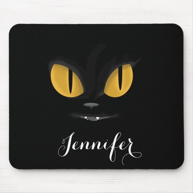 Cute Mischievous Black Cat with Fangs Personalized Mouse Pad (Front)