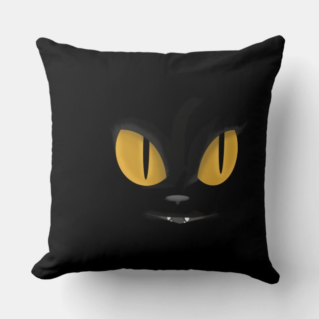 Cute Mischievous Black Cat with Fangs Throw Pillow (Front)