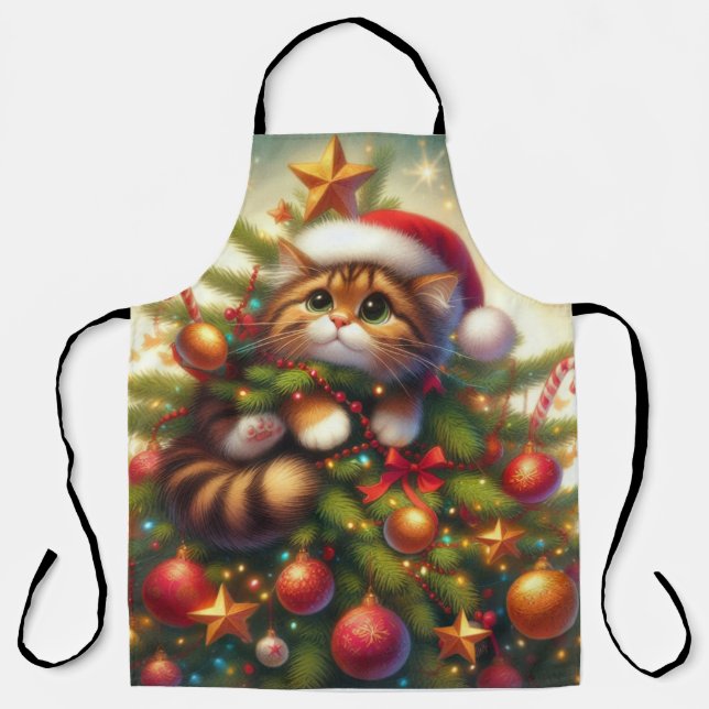 Cute, mischievous cat in the Christmas tree Apron (Front)