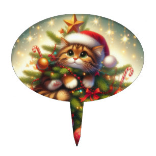 Cute, mischievous cat in the Christmas tree Cake Topper