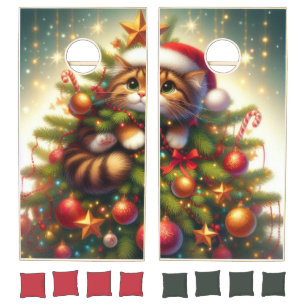 Cute, mischievous cat in the Christmas tree Cornhole Set
