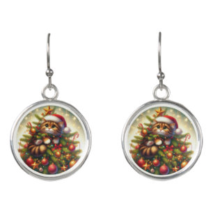 Cute, mischievous cat in the Christmas tree Earrings