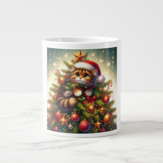 Cute, mischievous cat in the Christmas tree Giant Coffee Mug (Front)