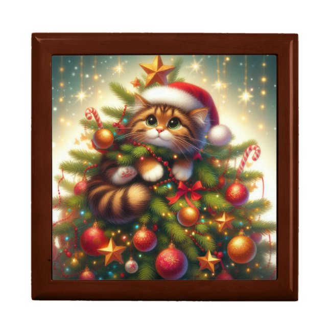 Cute, mischievous cat in the Christmas tree Gift Box (Front)
