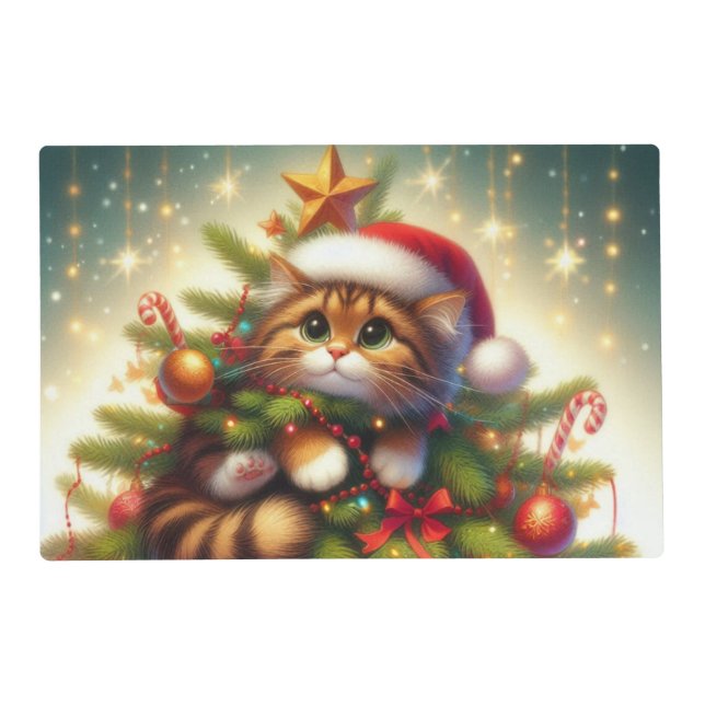 Cute, mischievous cat in the Christmas tree Placemat (Front)