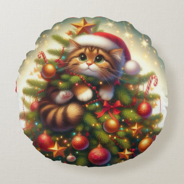 Cute, mischievous cat in the Christmas tree Round Pillow (Front)
