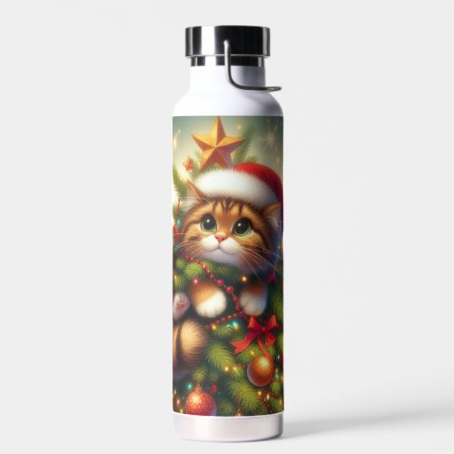 Cute, mischievous cat in the Christmas tree Water Bottle