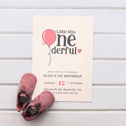 Cute Miss Onederful Pink Balloon 1st Birthday Invitation
