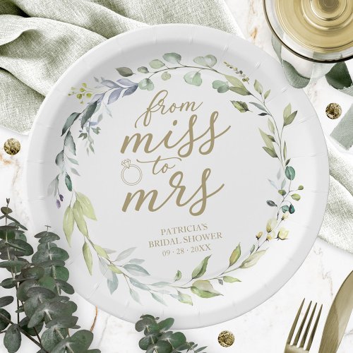 Cute Miss to Mrs Greenery Eucalyptus Bridal Paper  Paper Plates