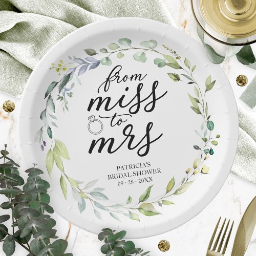Cute Miss to Mrs Greenery Eucalyptus Bridal Paper Plates