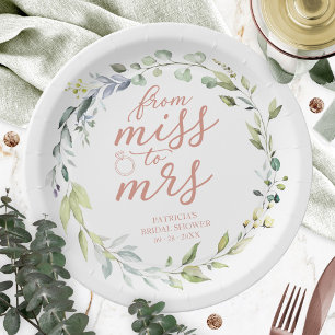 Cute Miss to Mrs Greenery Eucalyptus Bridal Paper Plates