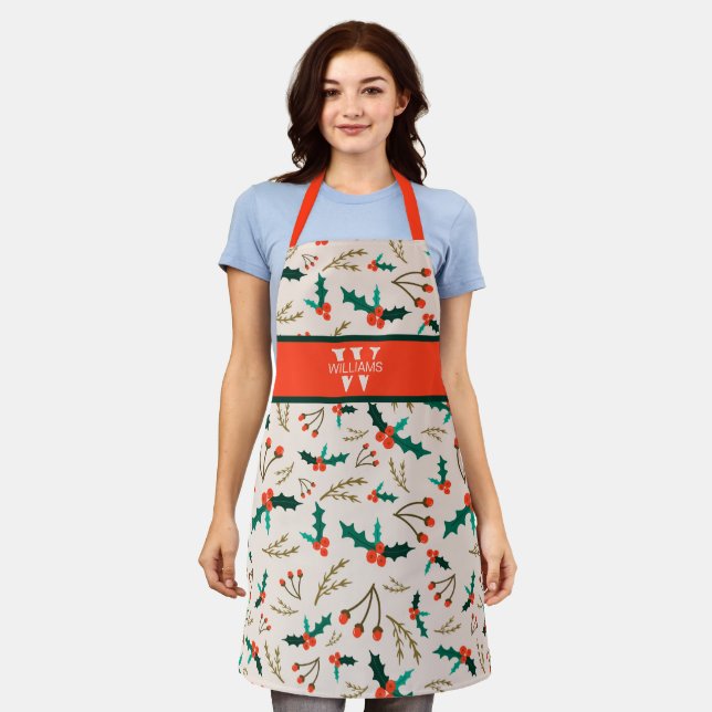 Cute Mistletoe Berry Christmas Monogram Holiday  Apron (Worn)