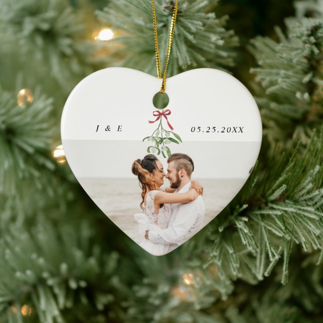 Cute Mistletoe Newlyweds Wedding Photo Monogram Ceramic Ornament (Tree)