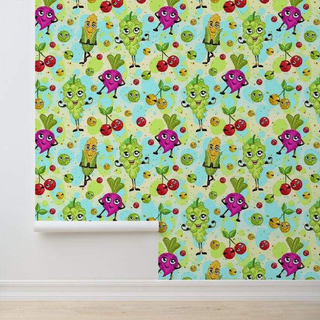 Cute mixed vegetables and fruit tiled pattern  wallpaper  (Application)
