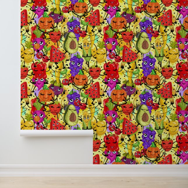 Cute mixed vegetables and fruit tiled pattern wallpaper  (Application)