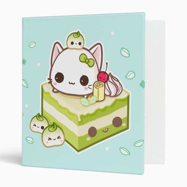 Cute mochi kitty with kawaii green tea cake binder (Front/Inside)