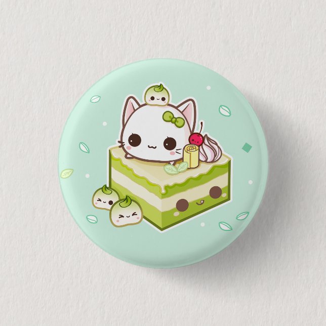 Cute mochi kitty with kawaii green tea cake button (Front)