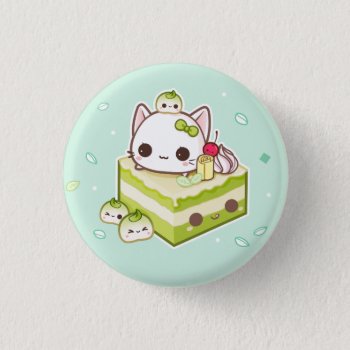 Cute Mochi Kitty With Kawaii Green Tea Cake Button by Chibibunny at Zazzle