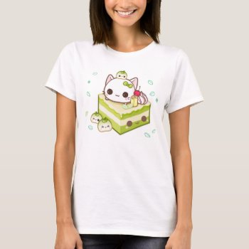 Cute Mochi Kitty With Kawaii Green Tea Cake T-shirt by Chibibunny at Zazzle