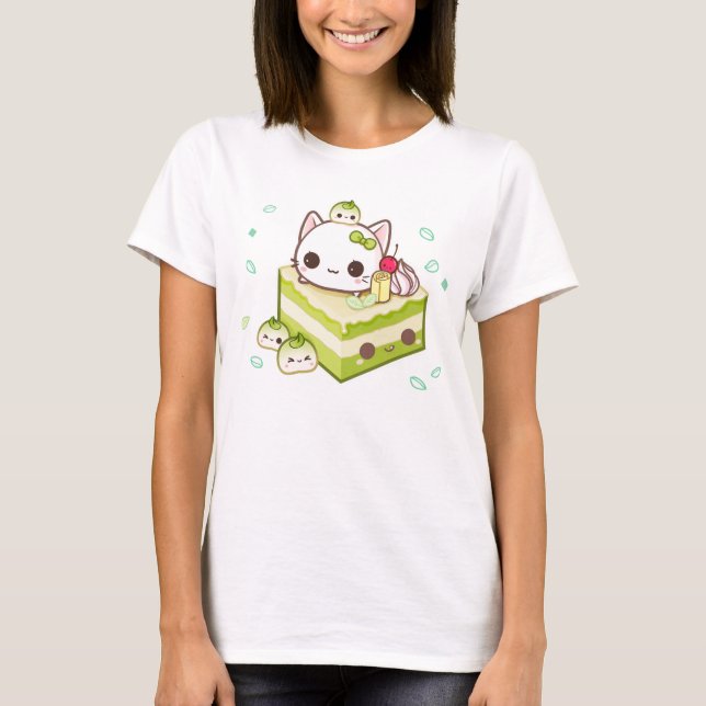 Cute mochi kitty with kawaii green tea cake T-Shirt (Front)