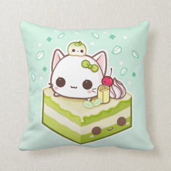Cute Mochi Kitty With Kawaii Green Tea Cake Throw Pillow by Chibibunny at Zazzle