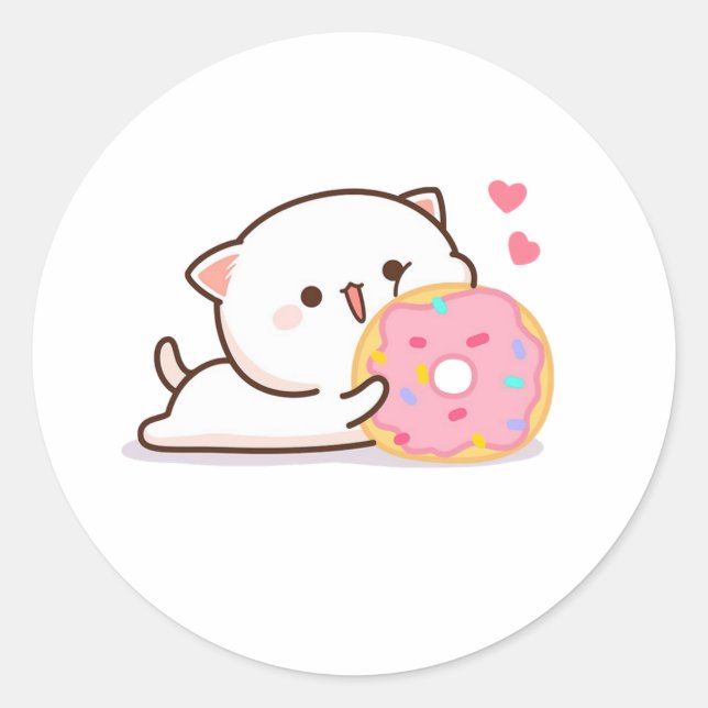 Cute Mochi Peach Cat And Donut Classic Round Sticker (Front)