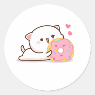 Cute Mochi Peach Cat And Donut Classic Round Sticker