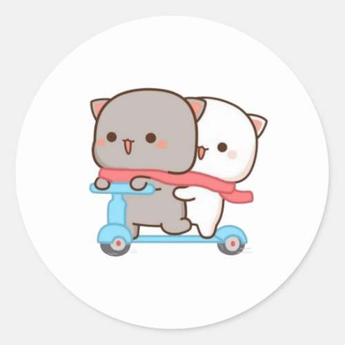 Cute Mochi Peach Cat Couple Bike Riding Classic Round Sticker