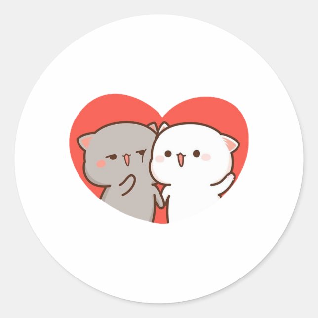 Cute Mochi Peach Cat, Happy Valentines Day Classic Round Sticker (Front)