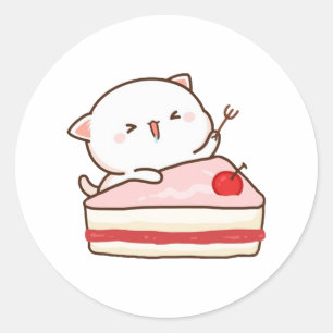 Cute Mochi Peach Cat Loves Cake Classic Round Sticker