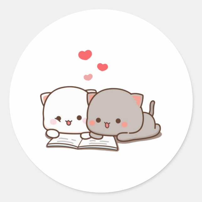 Cute Mochi Peach Cat Reading Book Classic Round Sticker (Front)