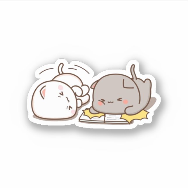 Cute Mochi Peach Cat Reading Book Sticker (Front)