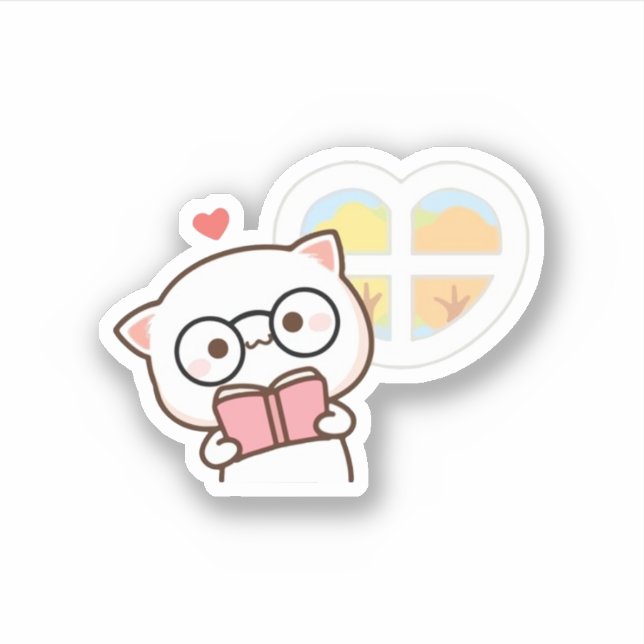 Cute Mochi Peach Cat Reading Book Sticker (Front)