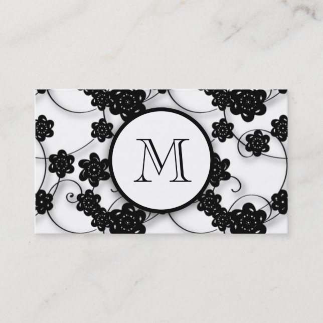 Cute Mod Black Flowers Pattern, Your Initial Business Card (Front)