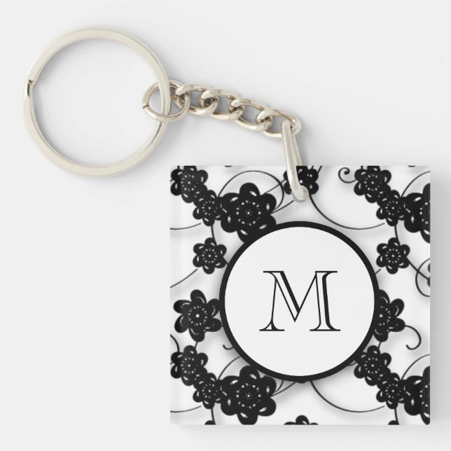 Cute Mod Black Flowers Pattern, Your Initial Keychain (Front)