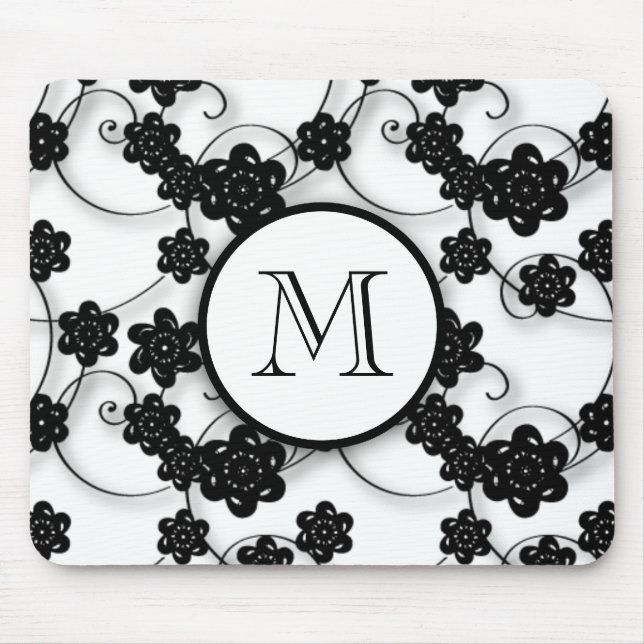 Cute Mod Black Flowers Pattern, Your Initial Mouse Pad (Front)